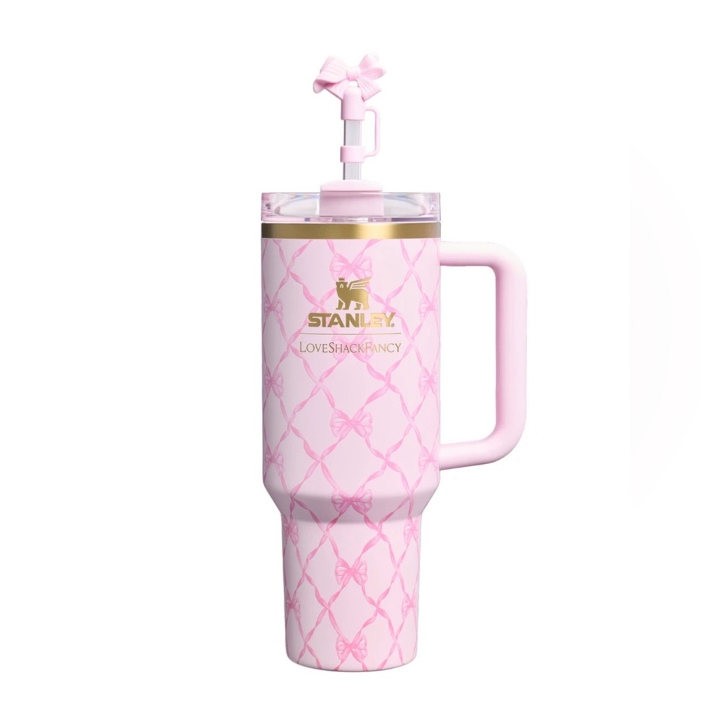 Stanley Pink Bow Pattern Travel Tumbler with Handle